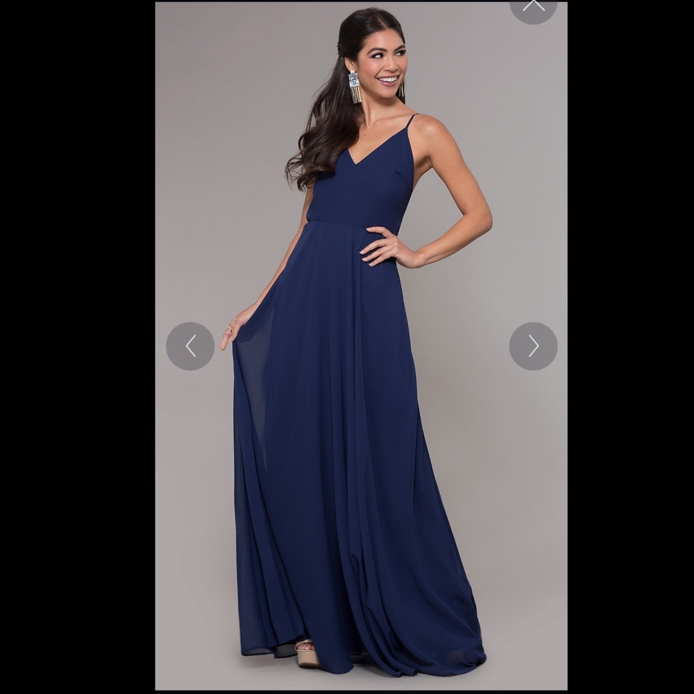 Simply Long Chiffon Tie Back Vneck Formal Navy Lg